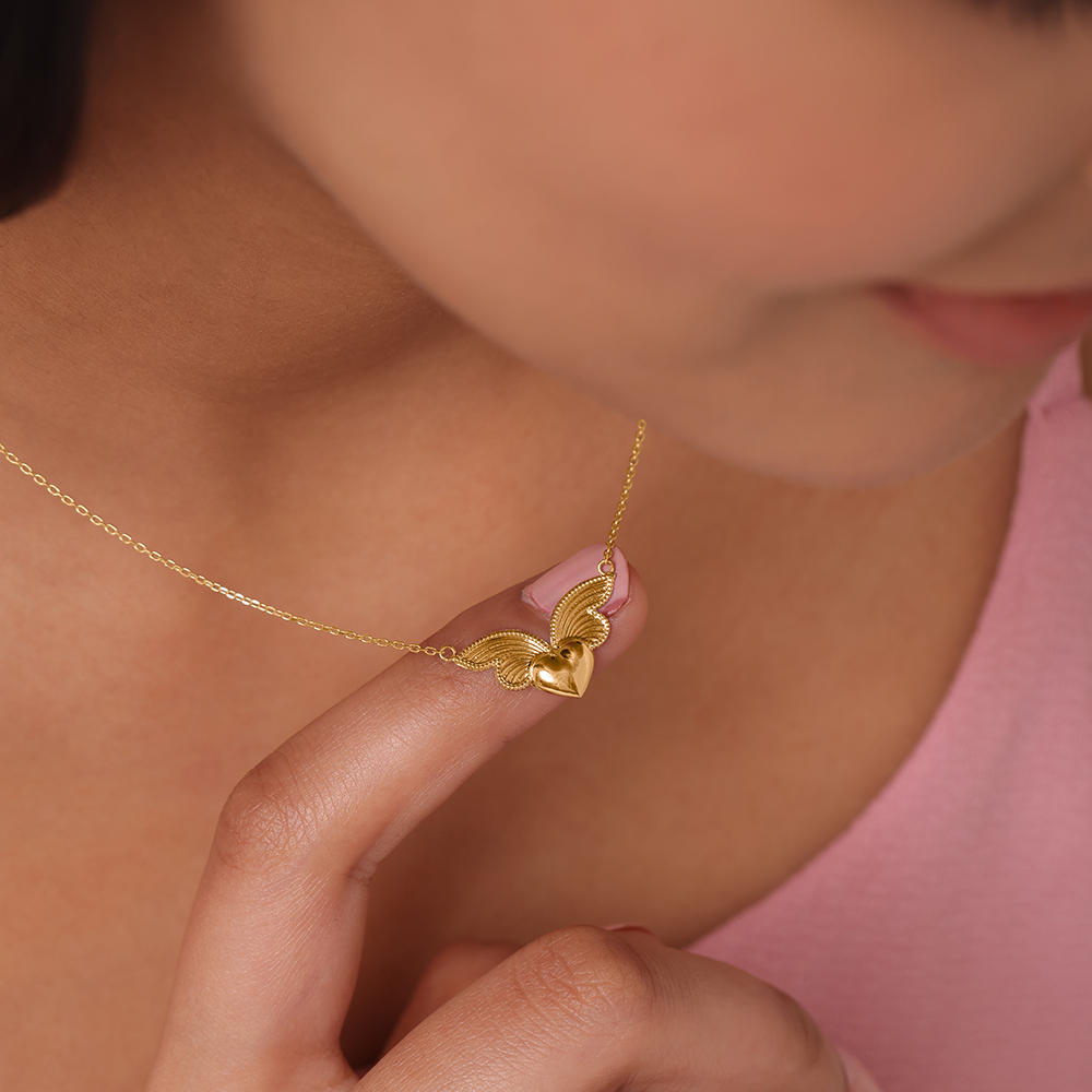 Winged Heart 14kt Gold Pendant with Chain for Her,,hi-res image number null