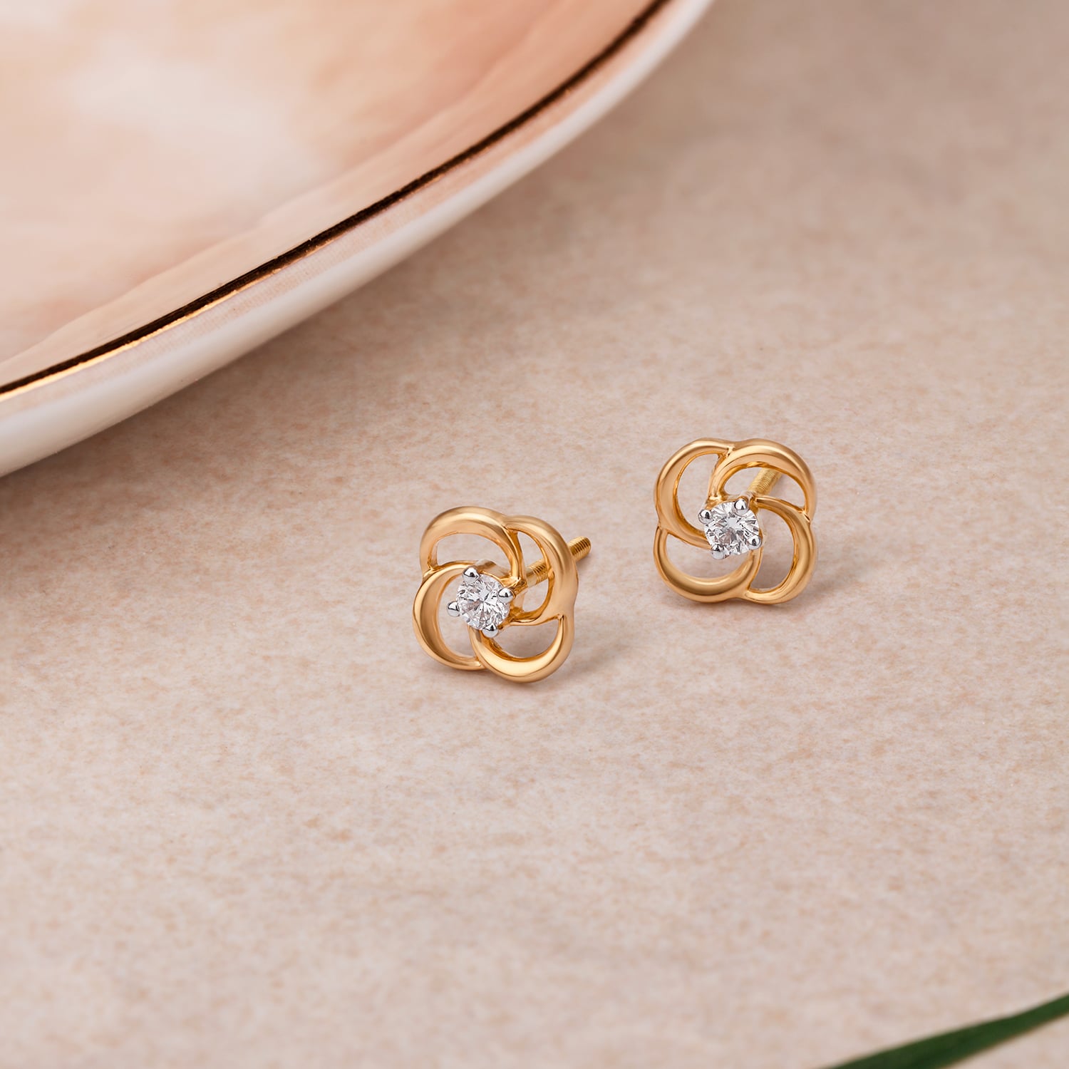 Traditional Spiral Gold and Diamond Stud Earrings,,hi-res image number null