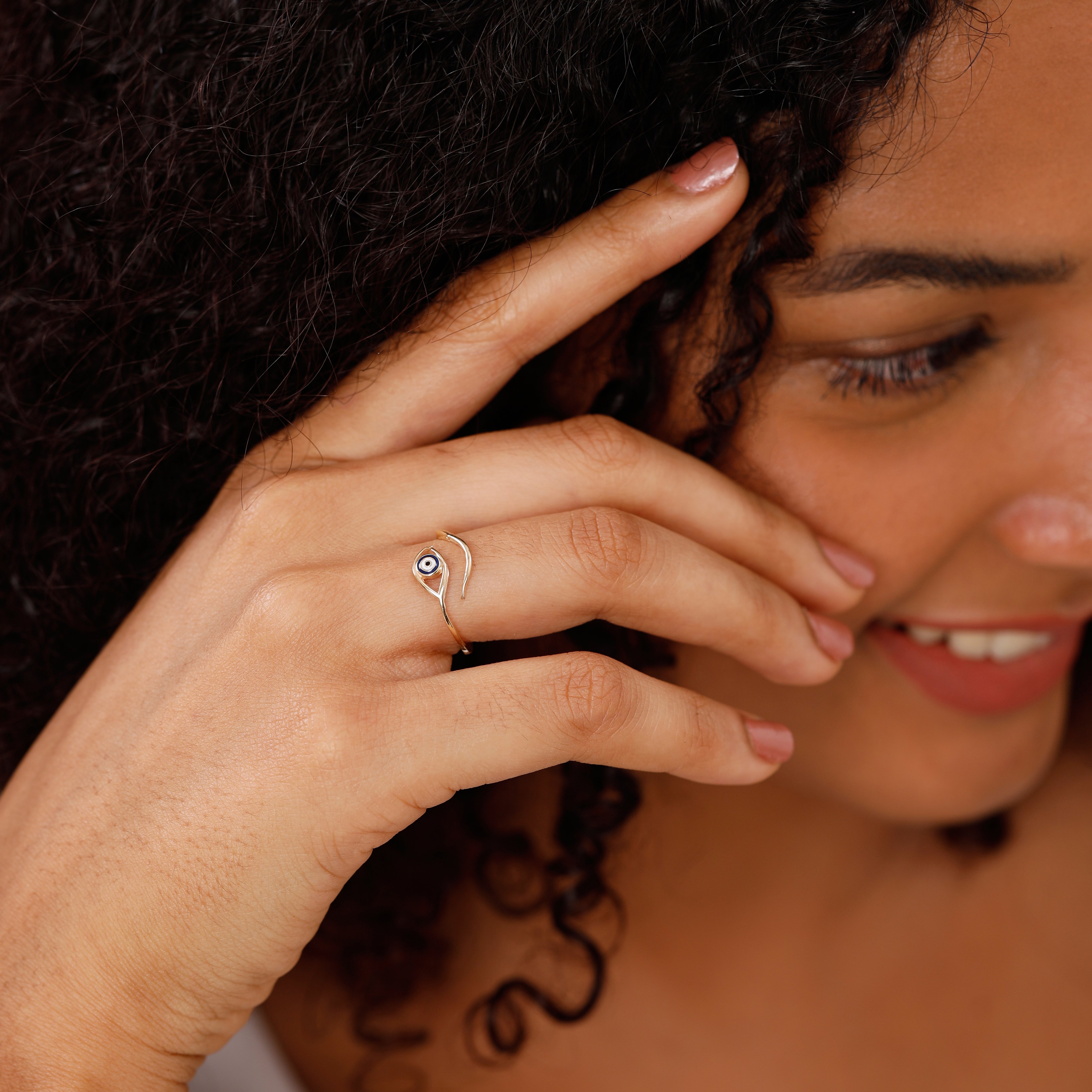 14KT Yellow Gold Curvy Evil Eye Design Finger Ring,,hi-res image number null