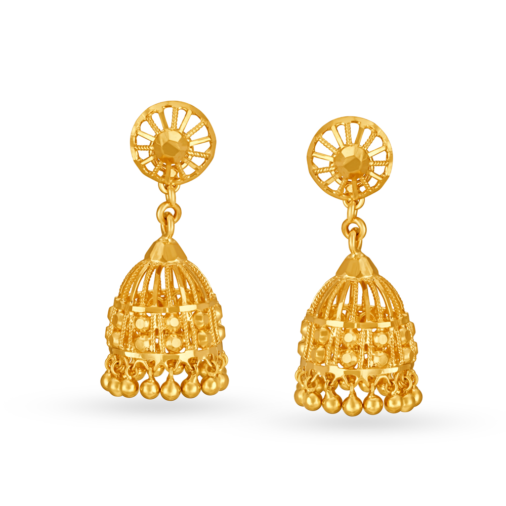 Vibrant 22 Karat Yellow Gold Temple Jhumkas