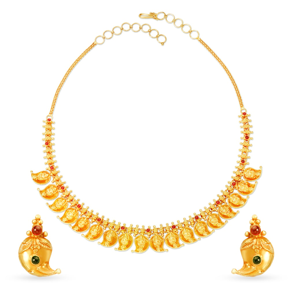 22K Gold Mango Necklace With Red Stones - 235-GN244 in 48.100 Grams