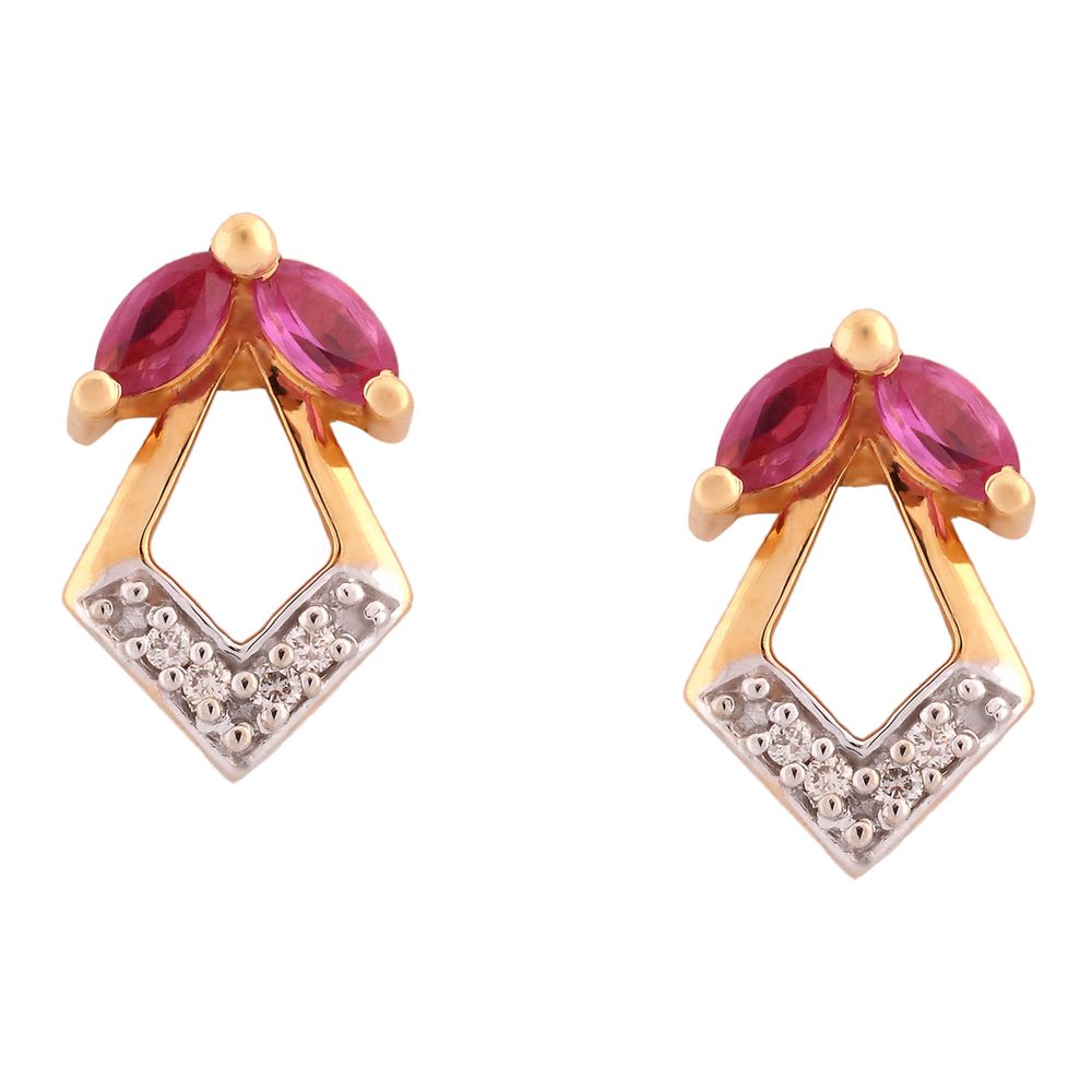 Leaf Pattern Ruby and Diamond Stud Earrings