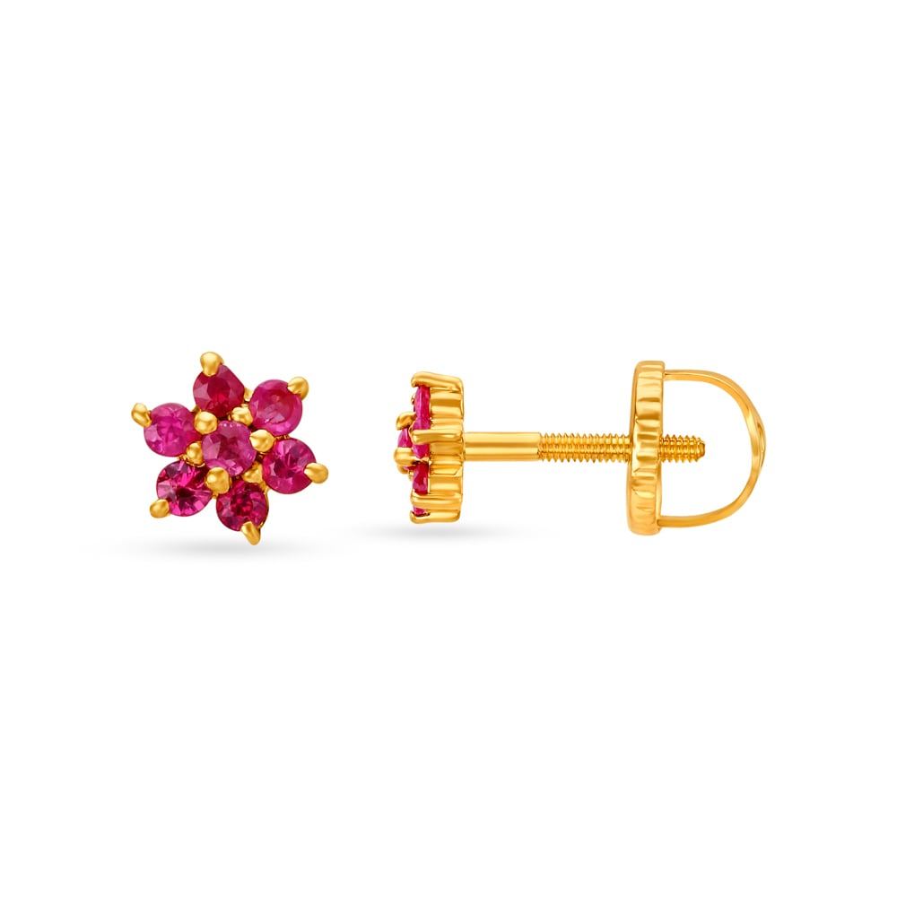 Appealing 18 Karat Yellow Gold Ruby-Embellished Petals Stud Earrings,,hi-res image number null