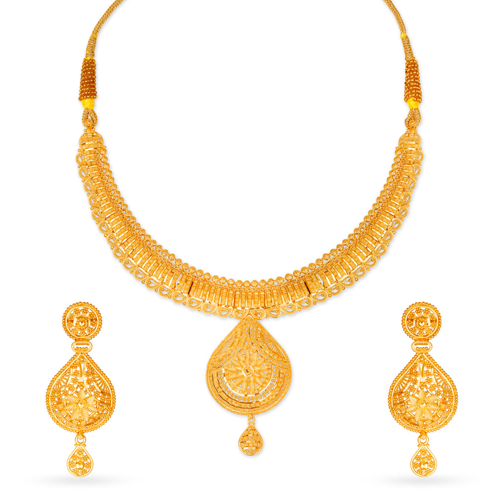 Winning 22 Karat Yellow Gold Beaded Teardrop Necklace And Earrings Set,,hi-res image number null