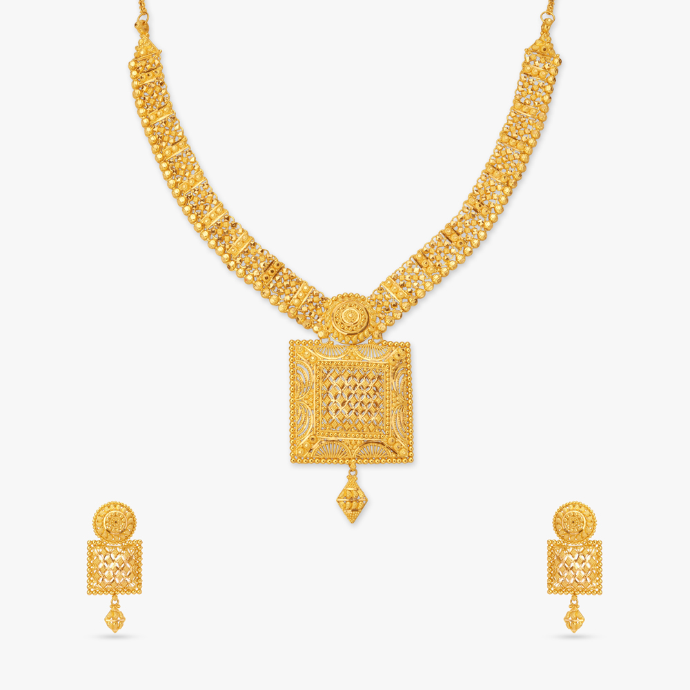 

Dazzling 22 Karat Yellow Gold Beaded Frame Necklace And Earrings Set