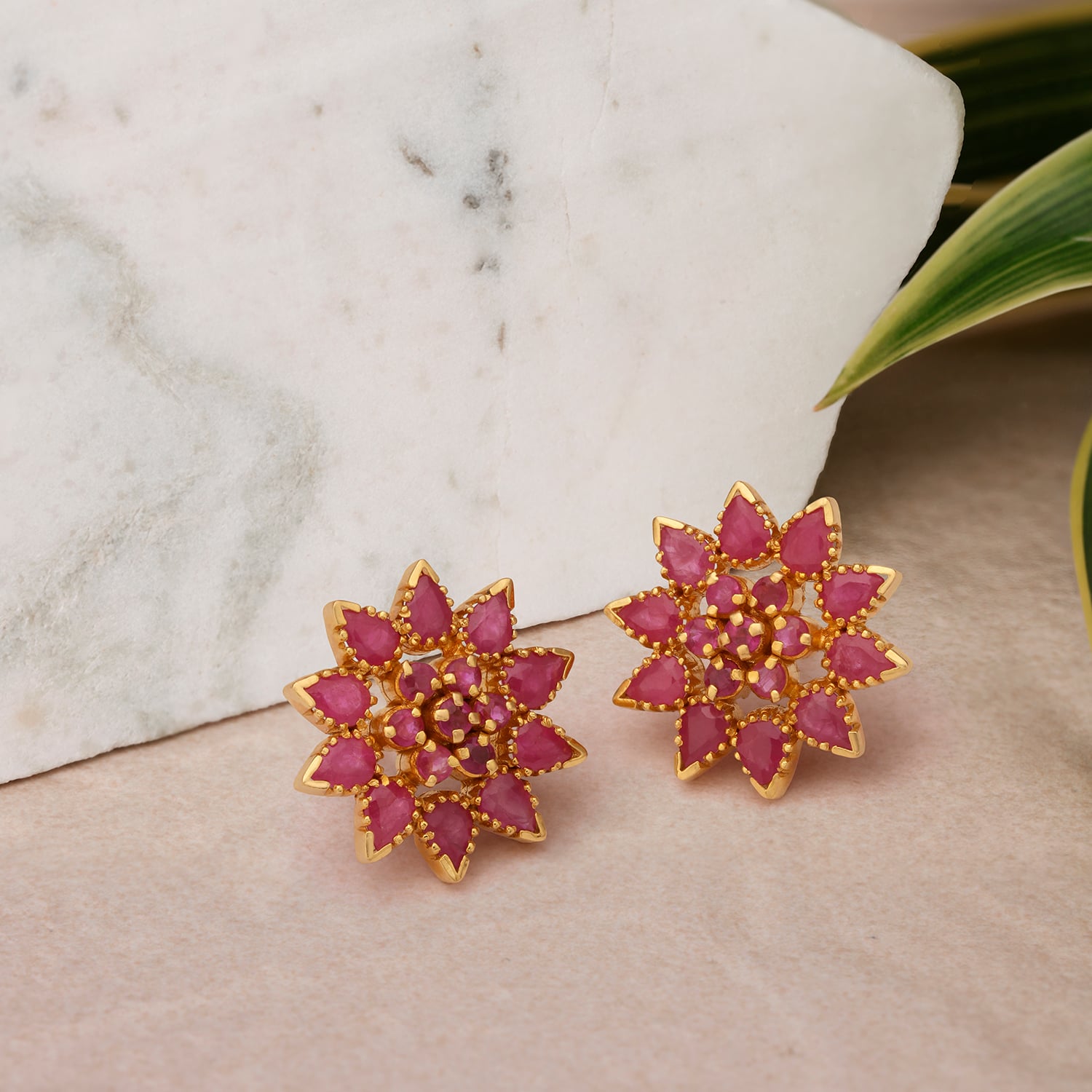 Exquisite Floral Ruby Gold Stud Earrings,,hi-res image number null