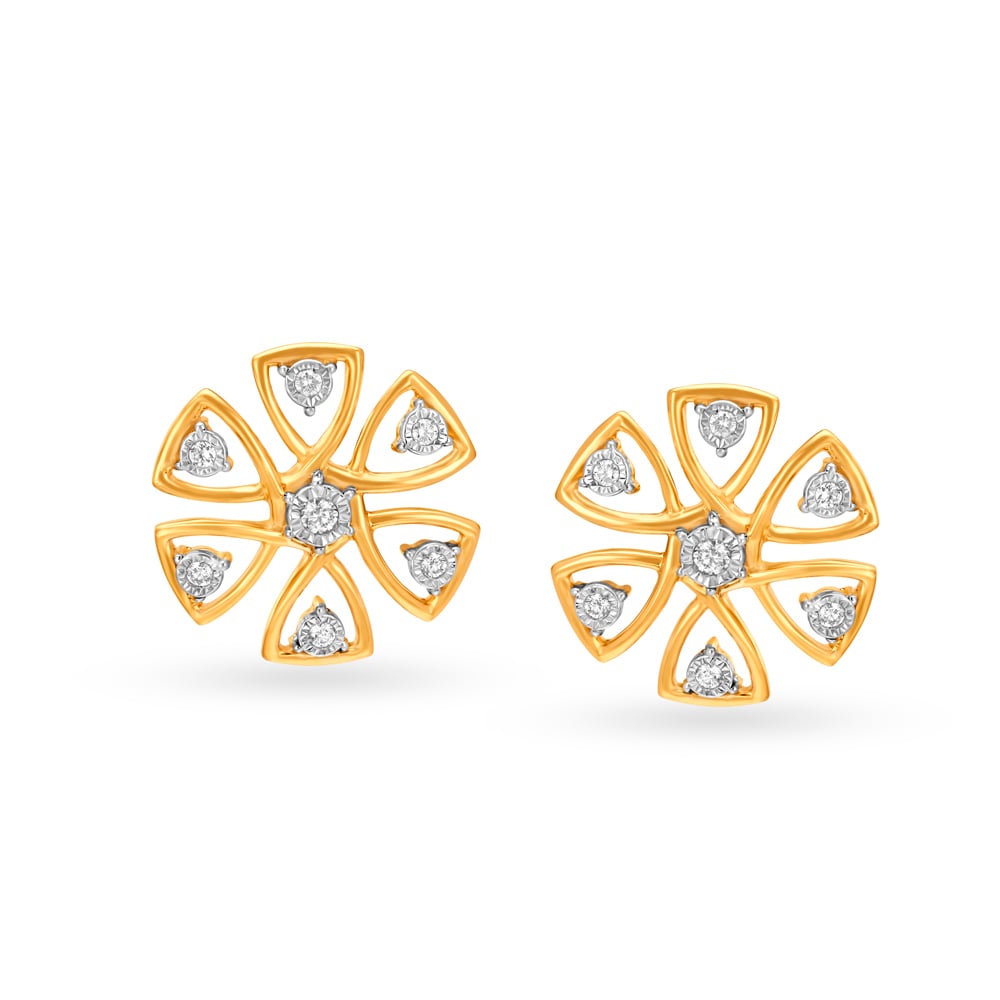 Classy 18 Karat Yellow and White Gold And Diamond Flower Stud Earrings,,hi-res image number null