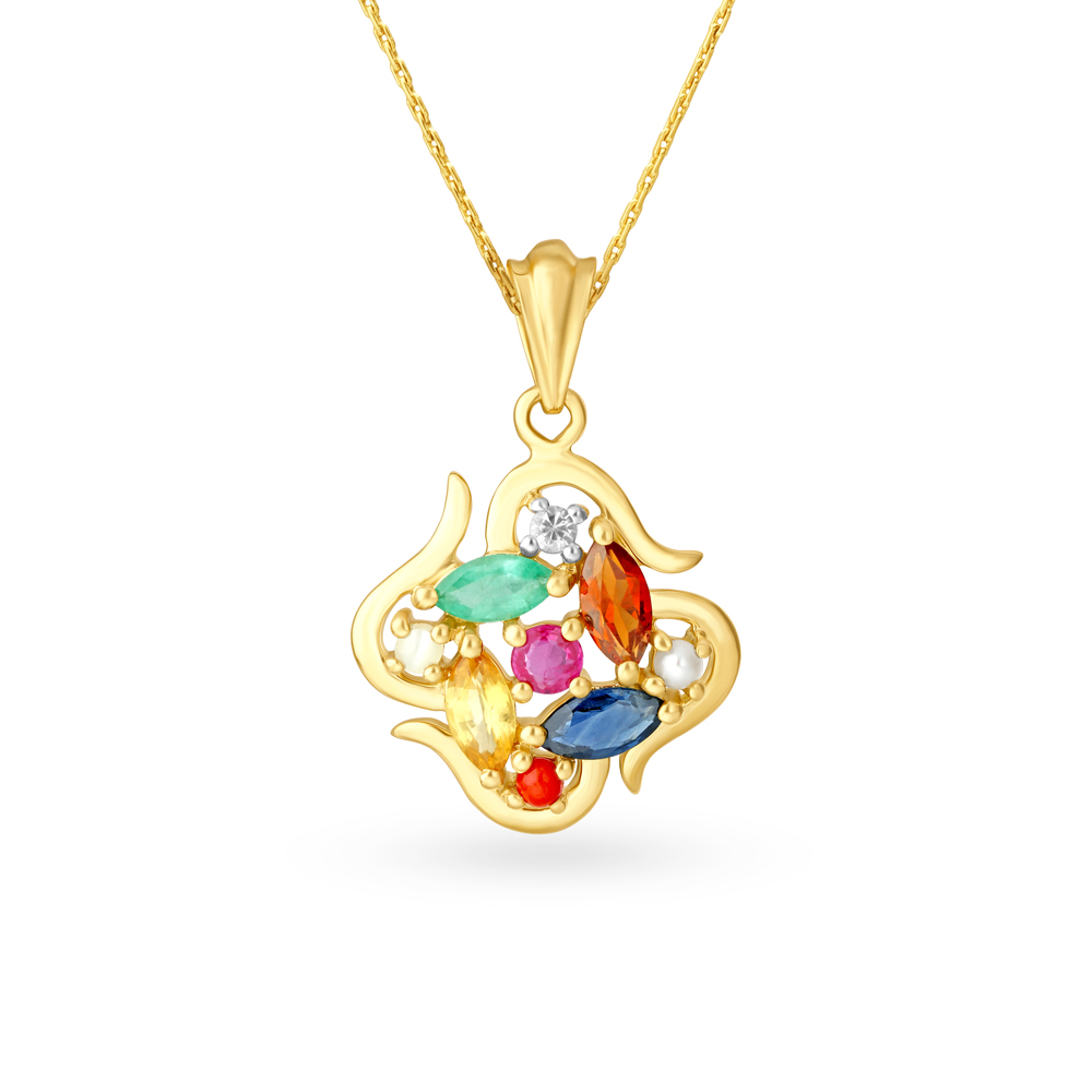 Navratna Stones Kundan Pearls Gold Necklace Set - Rentjewels