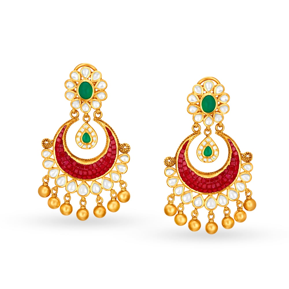 Enticing 22 Karat Gold Chandbali Style Kundan Drop Earrings,,hi-res image number null