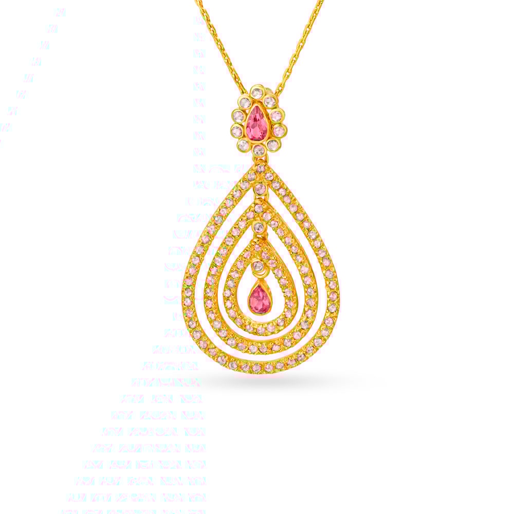 

Multi Layer Teardrop Motif Gold Pendant Studded With Tourmaline