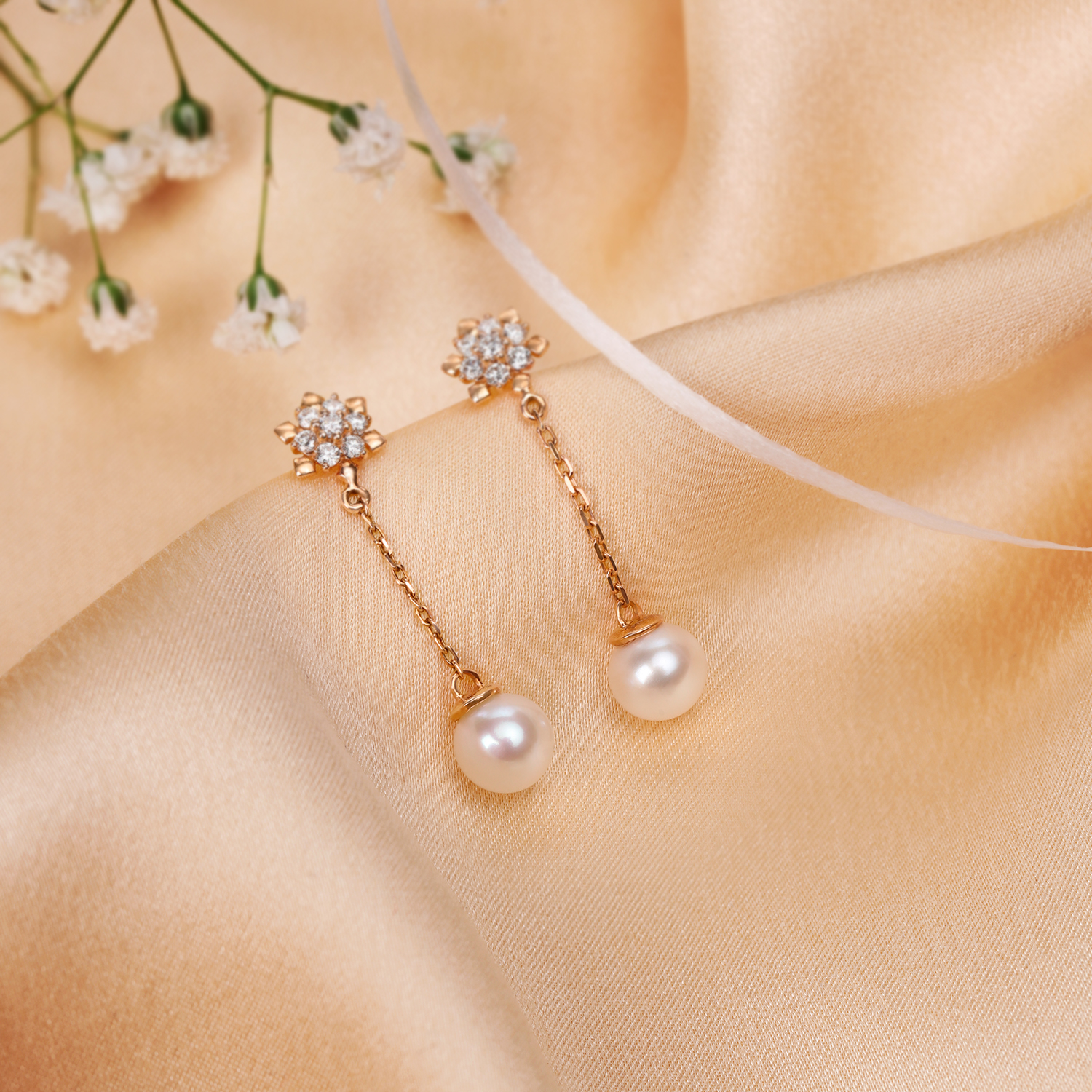 Exquisite Diamond Drop Earrings in Rose Gold with Pearls,,hi-res image number null