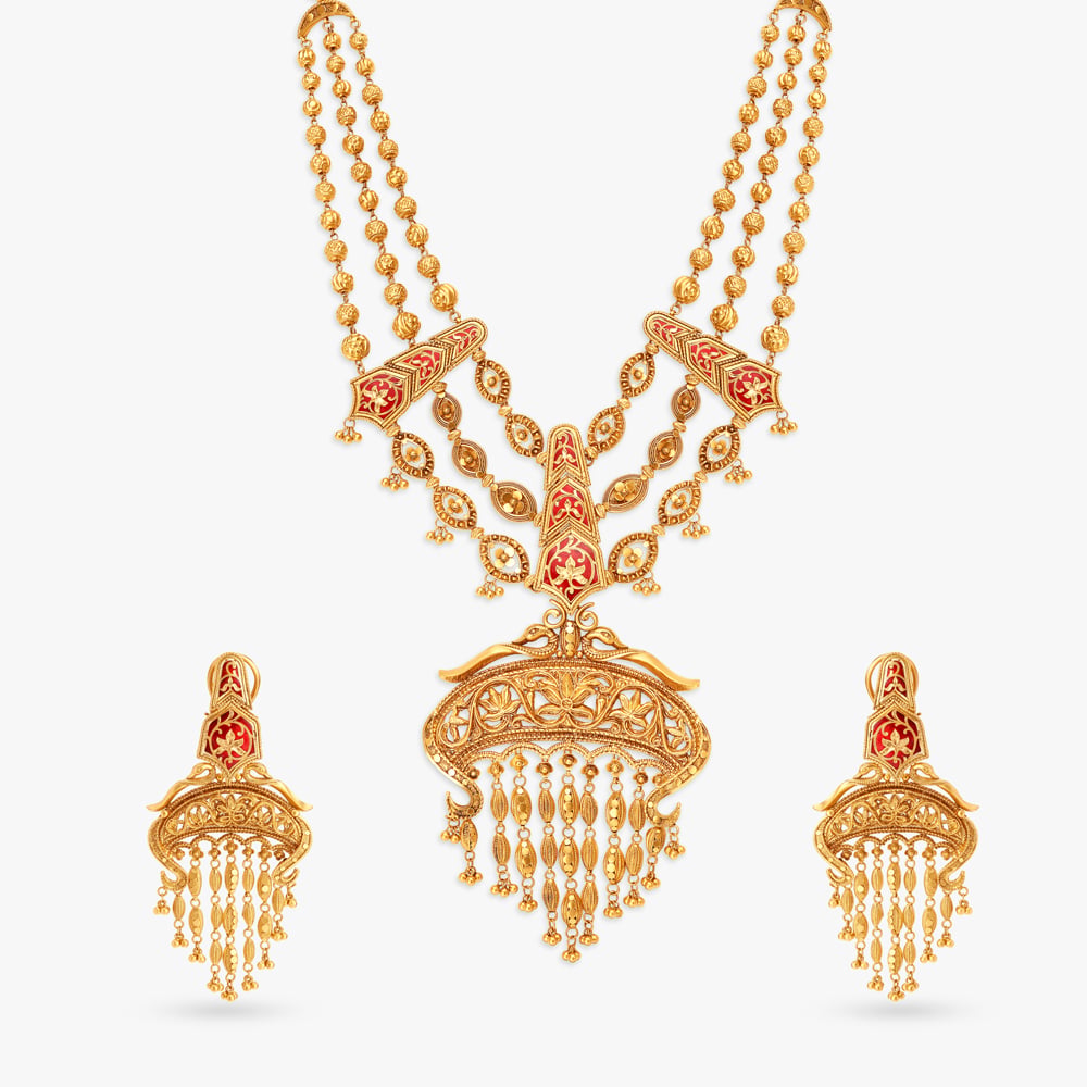 Layered Charm Necklace Set with Crimson Enamel Overlay,,hi-res image number null