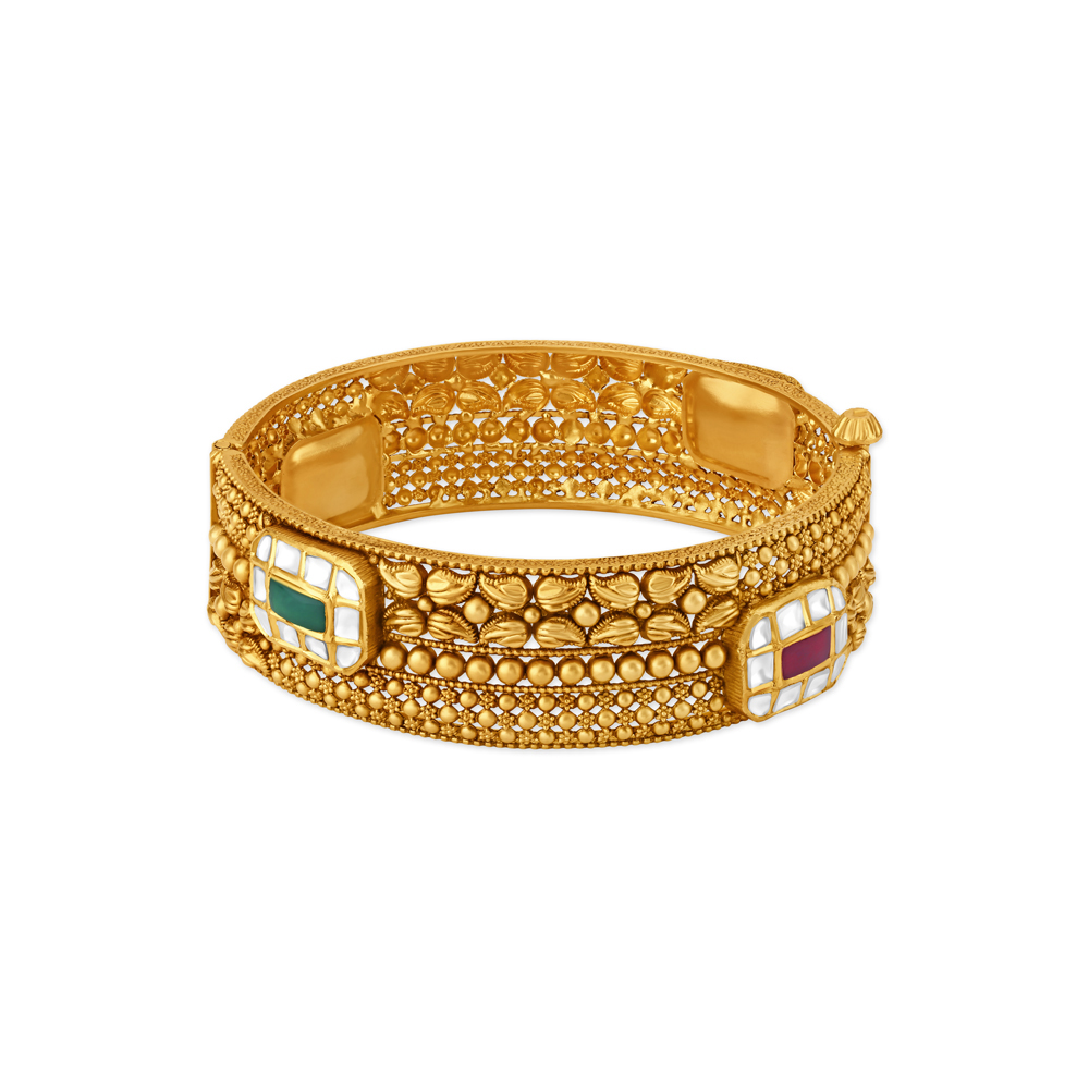 Luxuriant Coloured Stones Studded Rawa Work Gold Bangle,,hi-res image number null