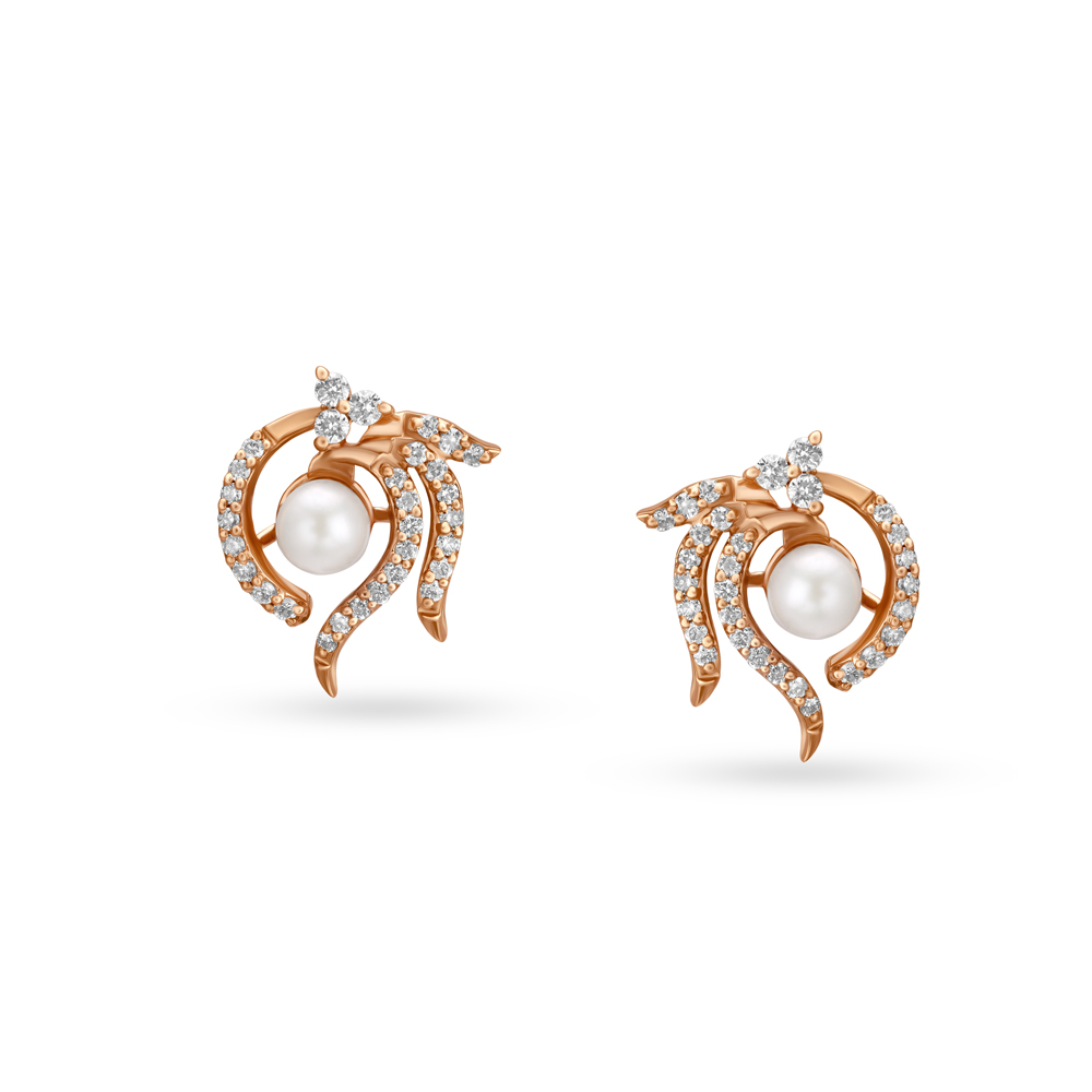 Genteel Flower Pearl and Diamond Rose Gold Stud Earrings