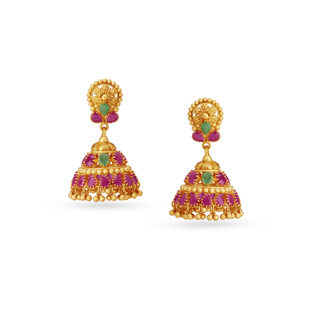 Emerald And Ruby Floral Gold Jhumka Earrings