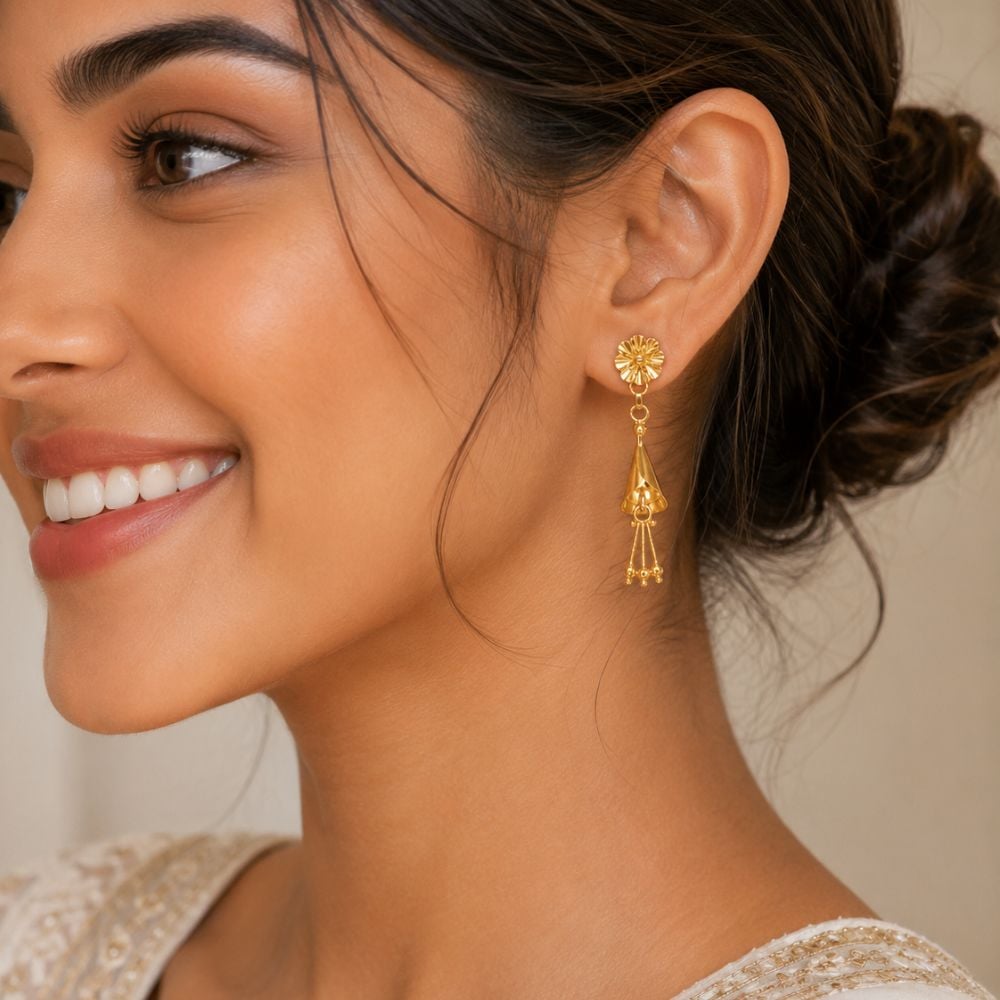 Modish 22 Karat Yellow Gold Floral Drop Earrings,,hi-res image number null