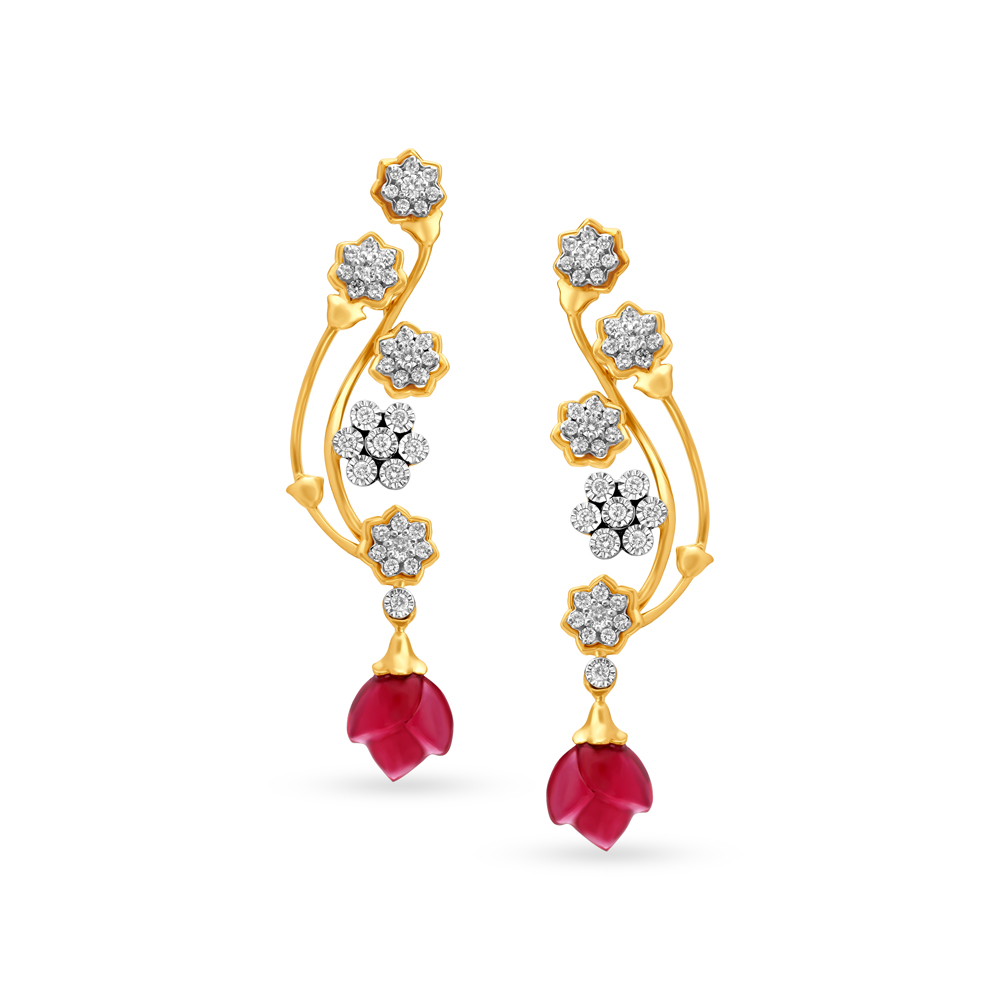Flower Shaped Earrings With Multicolor Drop Shaped Diamonds main image 1