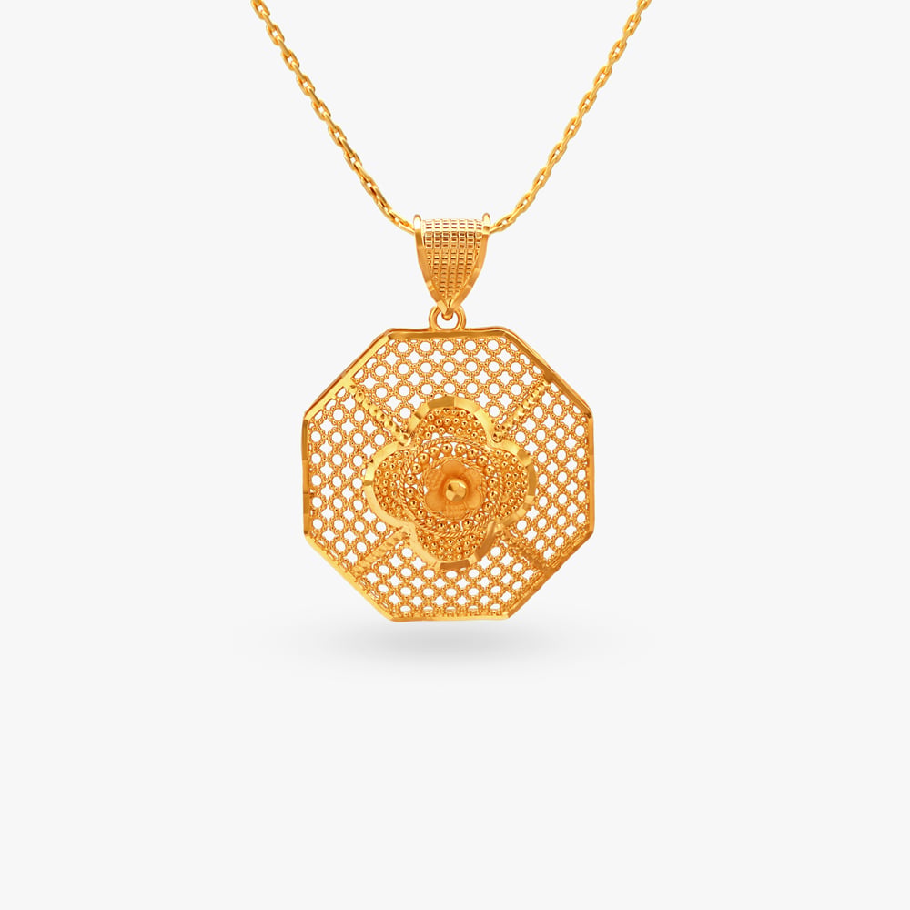 Hexagonal Floral Gold Pendant and Earrings Set,,hi-res image number null