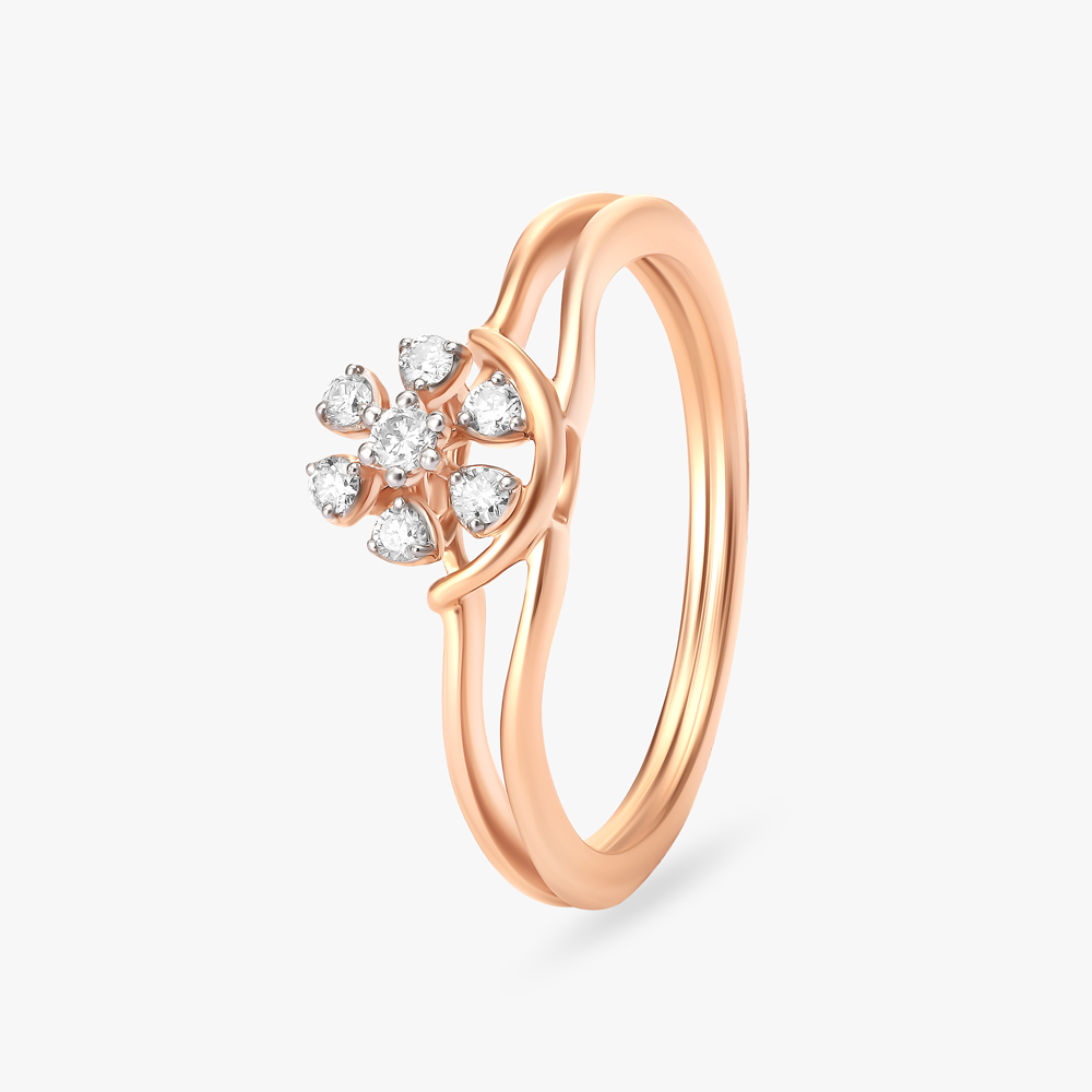 Diamond Blossom and Crescent Rose Gold Finger Ring