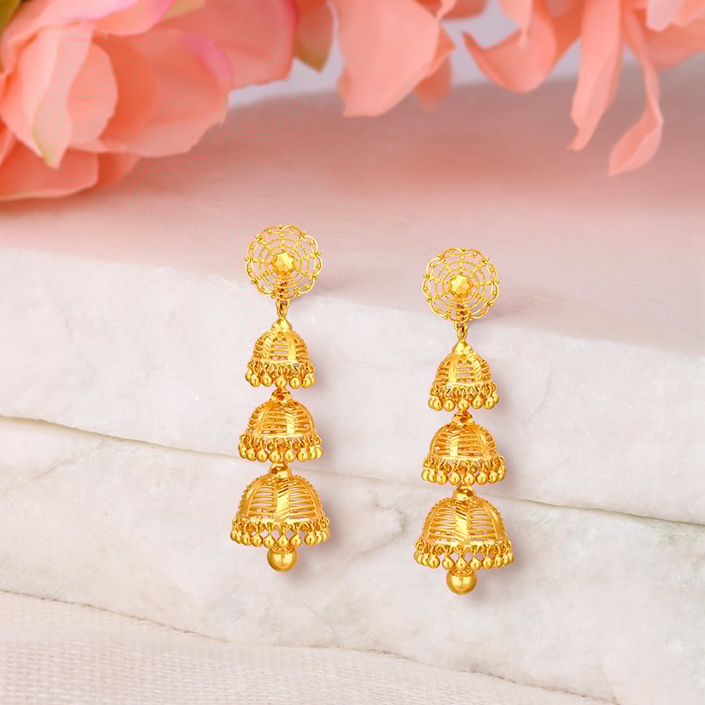 

Traditional Elongated Gold Filigree 3 Layer Jhumkas