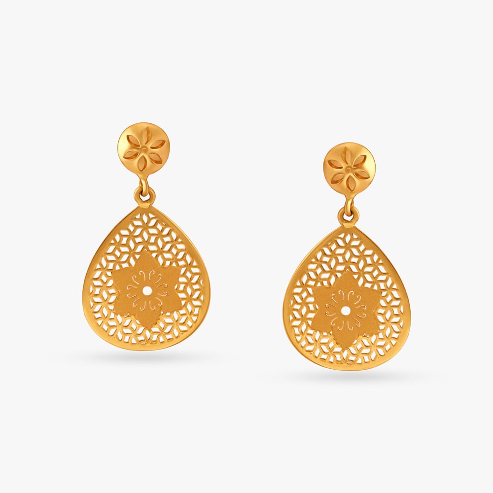 Leaf Motif Hanging Gold Jhumka Earrings