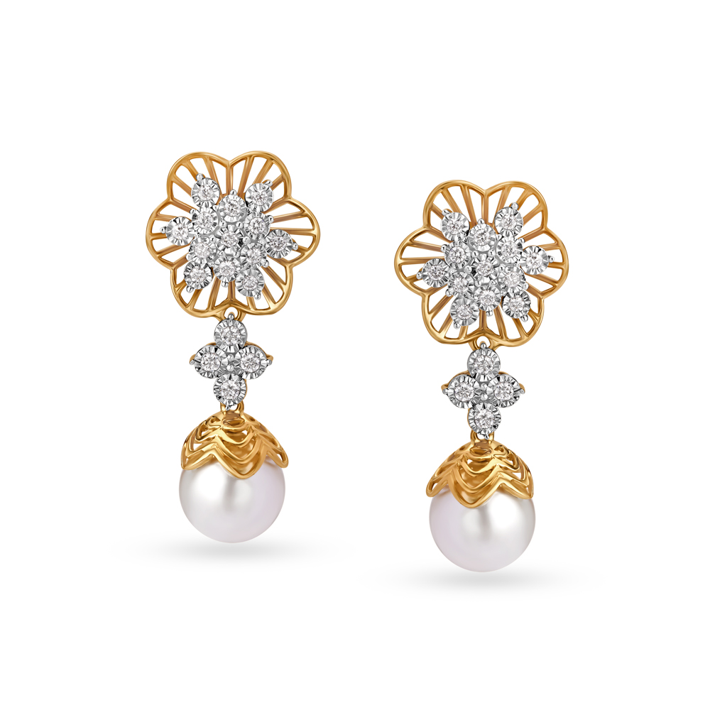 Radiant Fancy Floral Diamond Drop Earrings in Yellow and White Gold