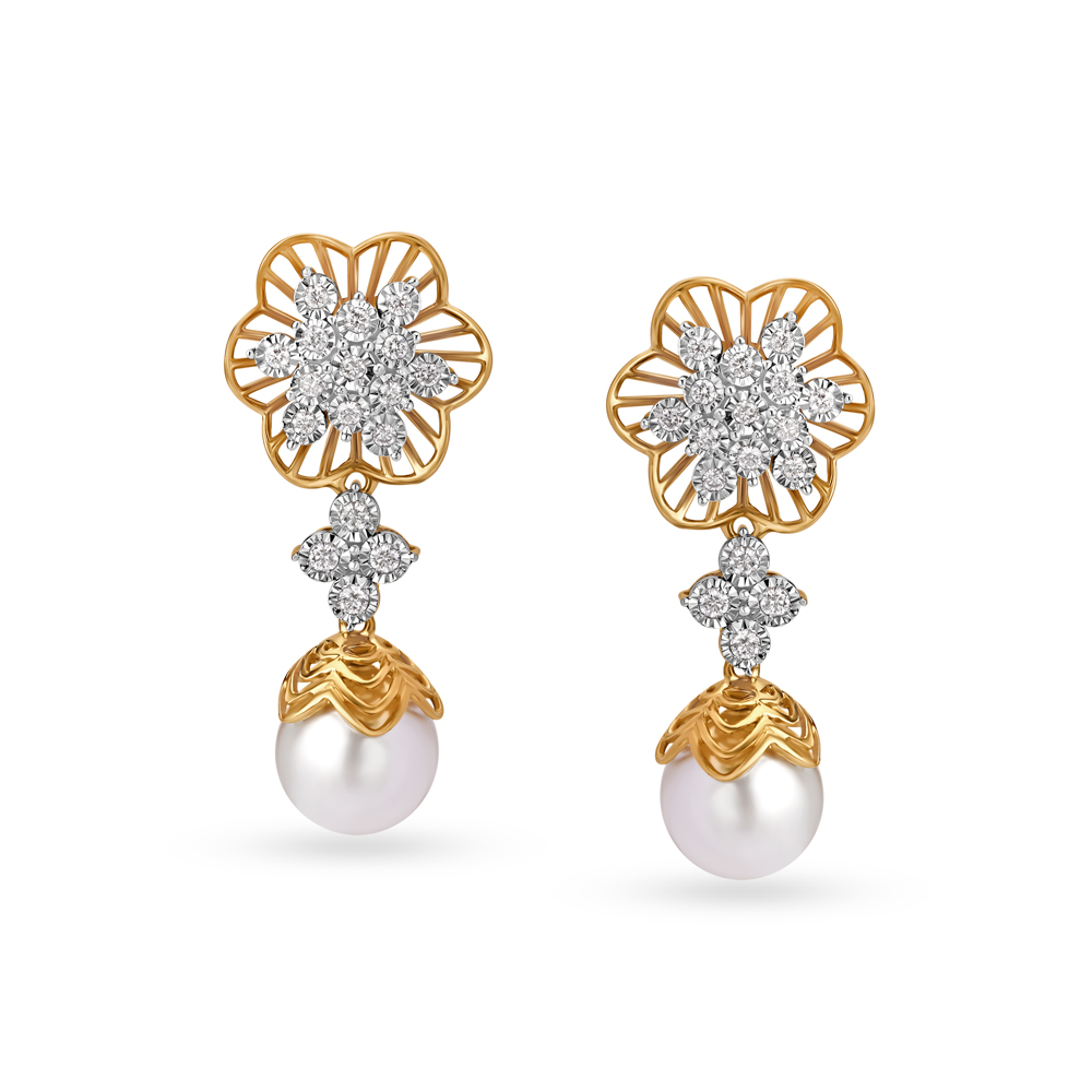 Radiant Fancy Floral Diamond Drop Earrings in Yellow and White Gold