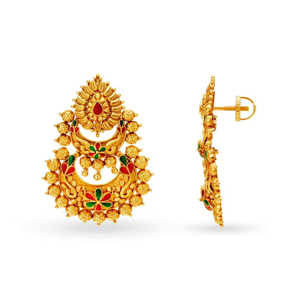 Majestic 22 Karat Yellow Gold Meenakari Chandbali Drop Earrings,,hi-res image number null