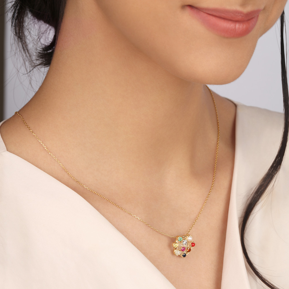 Gemstone Galaxy 14KT Modern Navratna Pendant,,hi-res image number null