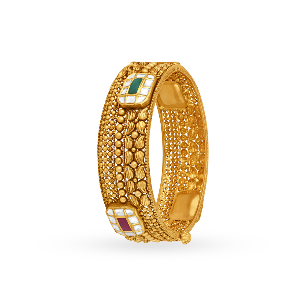 Luxuriant Coloured Stones Studded Rawa Work Gold Bangle,,hi-res image number null