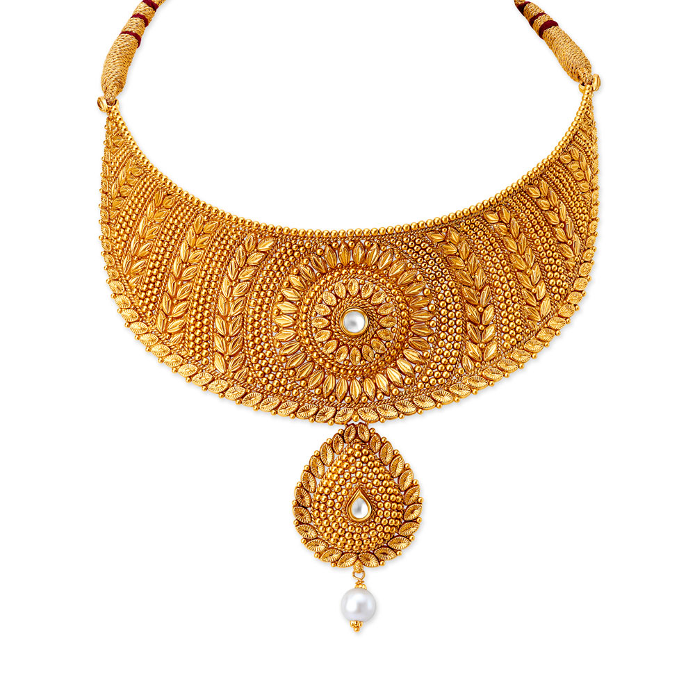 Queenly Rawa Work Leaf Motif Gold Necklace Set,,hi-res image number null