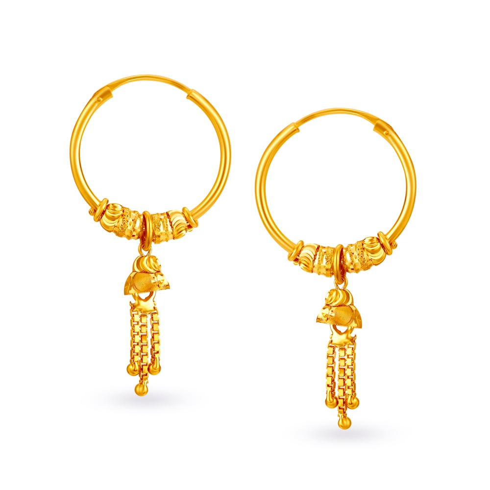 Beautiful 18 Karat Yellow Gold Tasselled Bali Style Hoop Earrings,,hi-res image number null