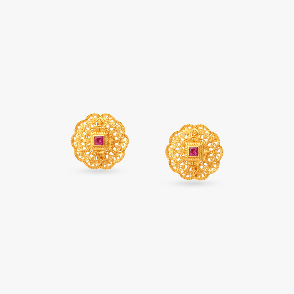 Floral Geometry Gold Pendant with Chain and Earrings Set,,hi-res image number null