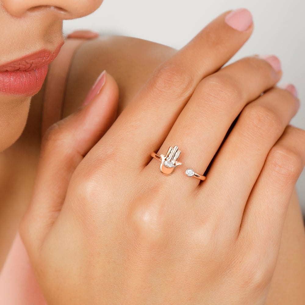 14KT Rose Gold Eye of Protection and Hamsa Hand Signet Diamond Ring,,hi-res image number null