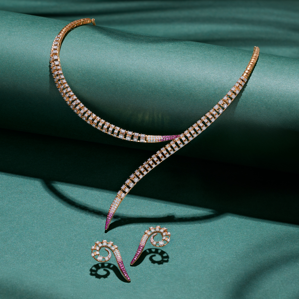 Twinkling Spiral Diamond, Sapphire and Ruby Necklace Set