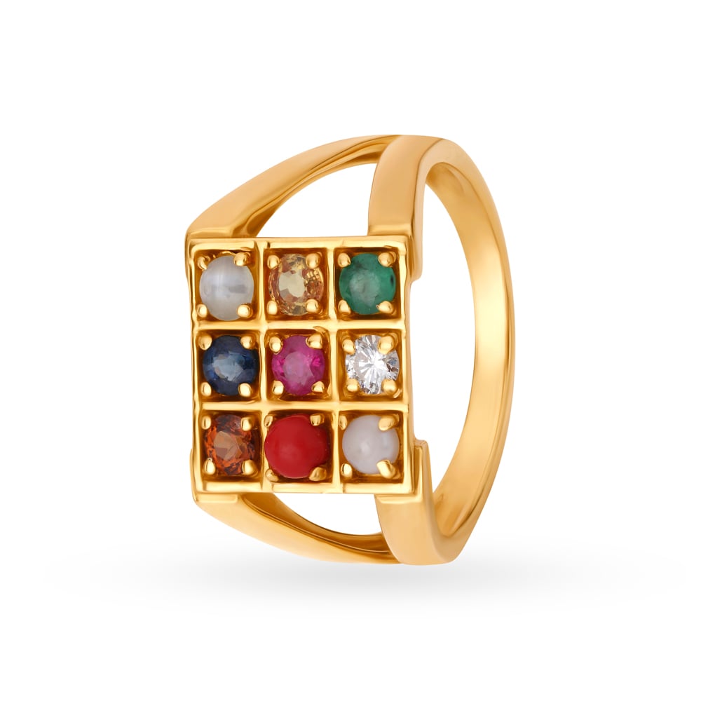 Vibrant 22 Karat Yellow Gold And Multi Stone Square Finger Ring With Diamond Stud