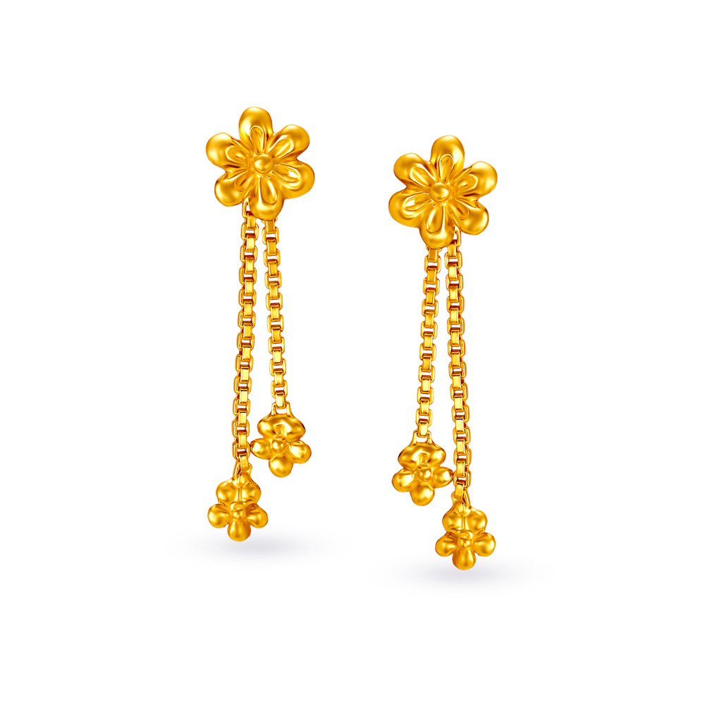 Floral Ornate Chain Adorned Gold Drop Earrings