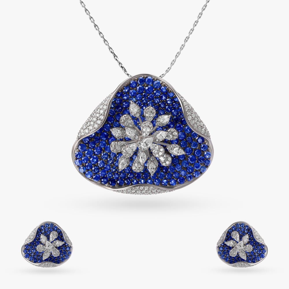 Dazzling Dahlia Sapphire and Diamond Pendant and Earrings Set