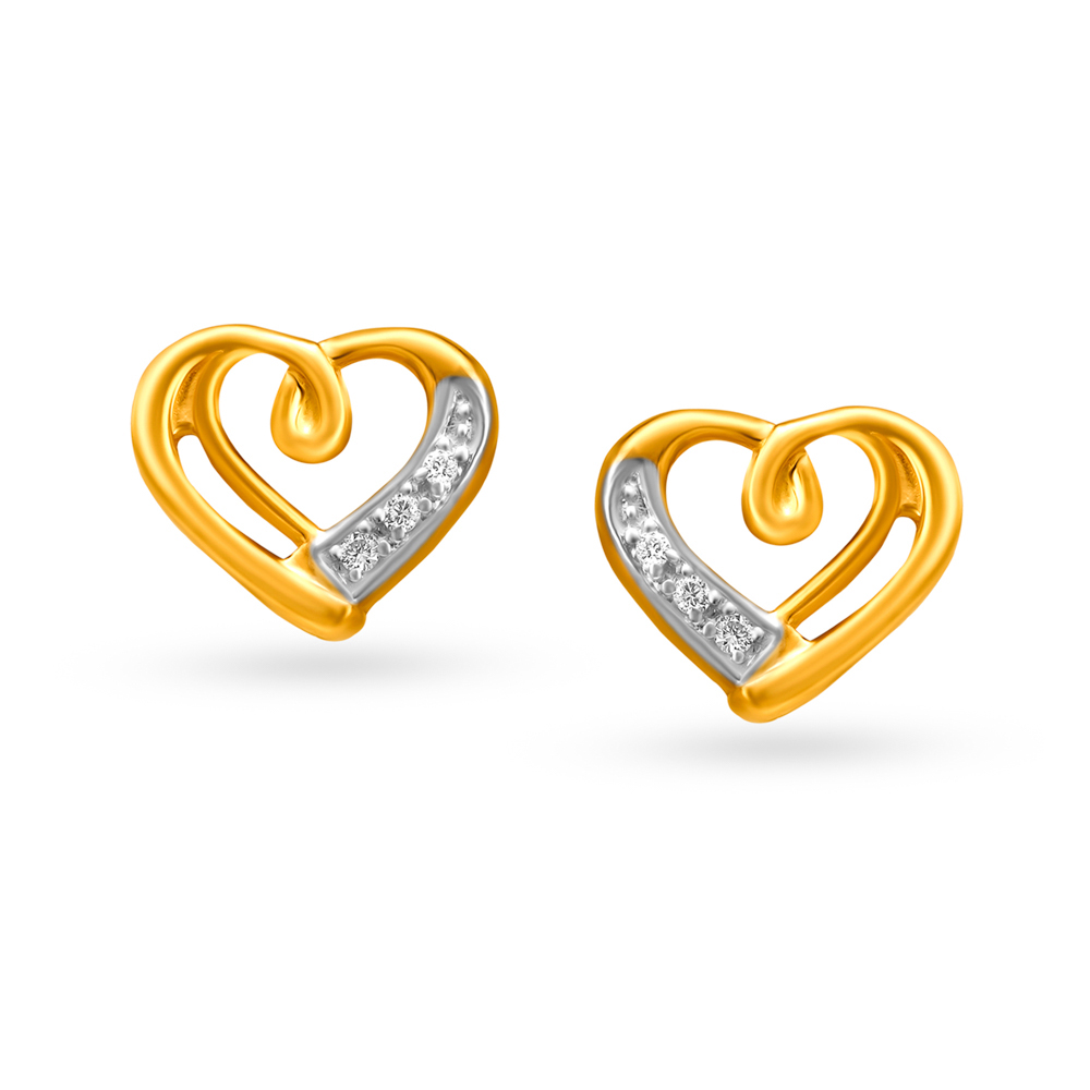 Contemporary Dainty Heart Shaped Diamond and Gold Stud Earrings