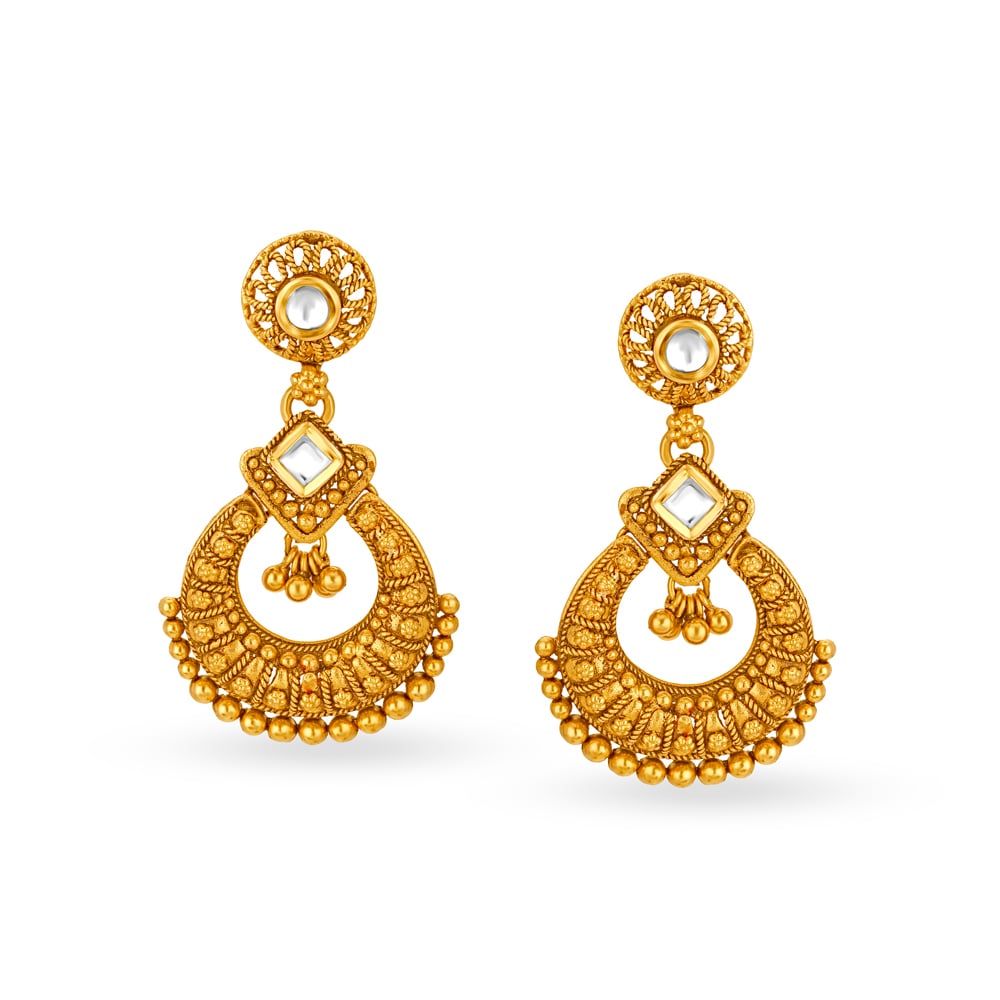 Opulent Kundan Rawa Work Gold Drop Earrings