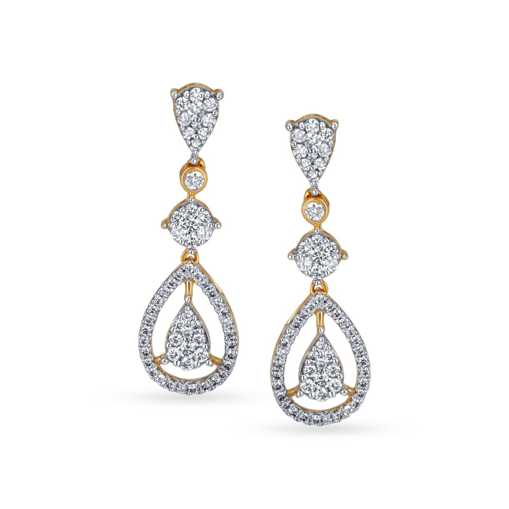 Scintillating Diamond and Gold Long Drop Earrings