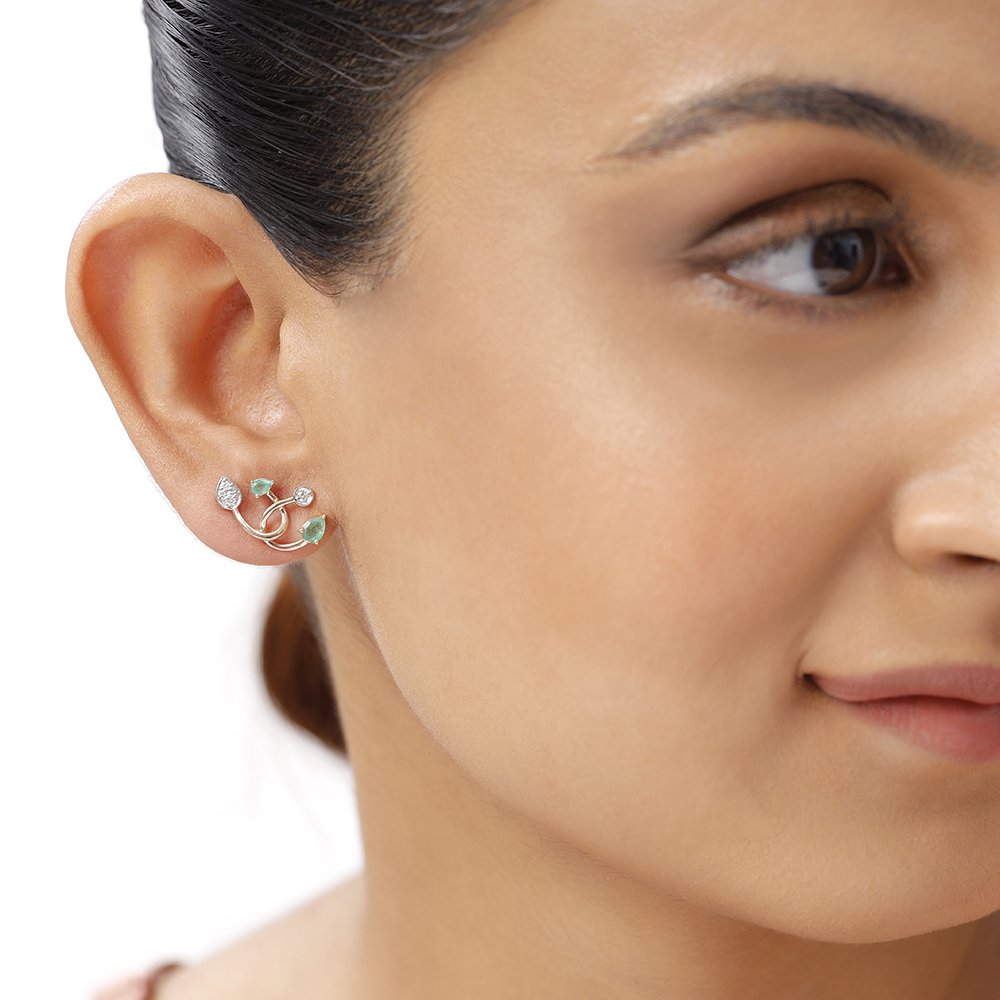 14KT Yellow Gold Flowy Emerald And Diamond Stud Earrings,,hi-res image number null
