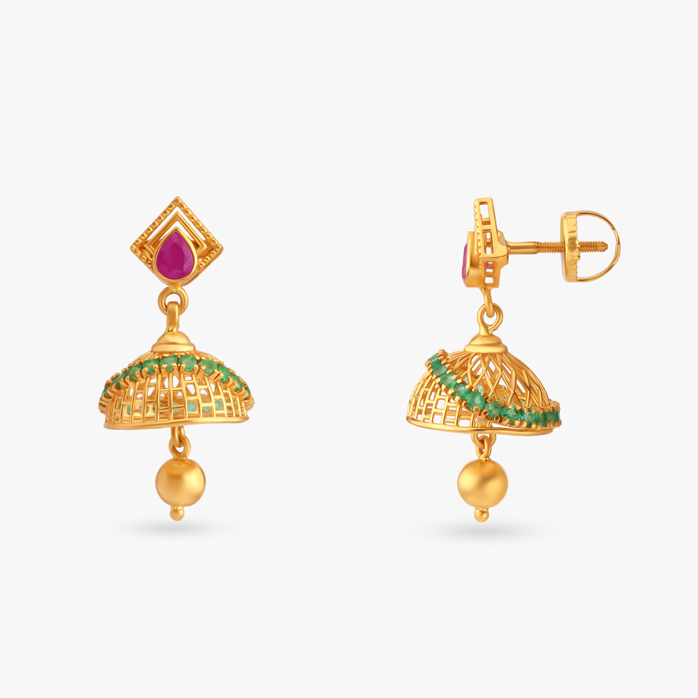 Luminous Ruby Emerald and Diamond Jhumkas,,hi-res image number null