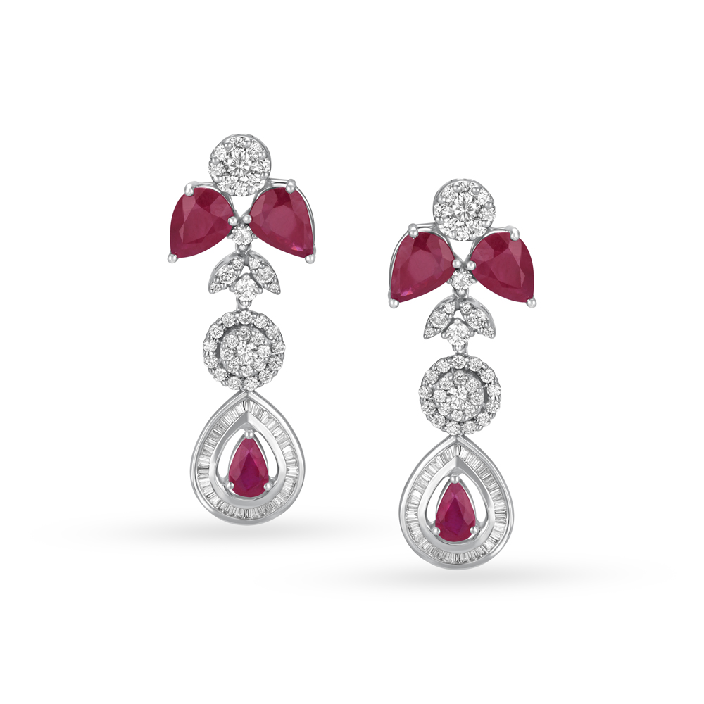 Alluring 18 Karat White Gold And Diamond And Ruby Teardrop Drop Earrings