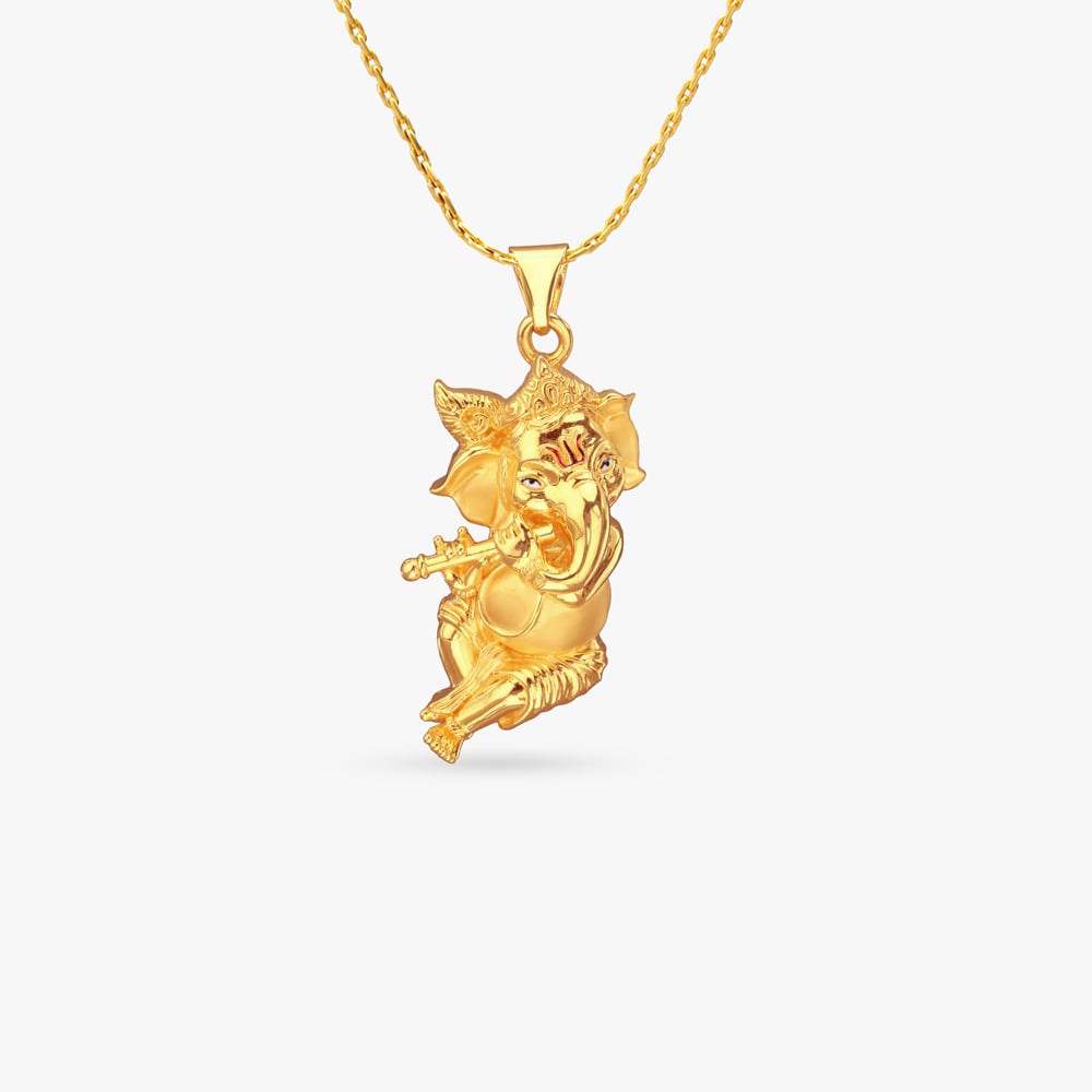 Flute Ganesha Gold Pendant,,hi-res image number null