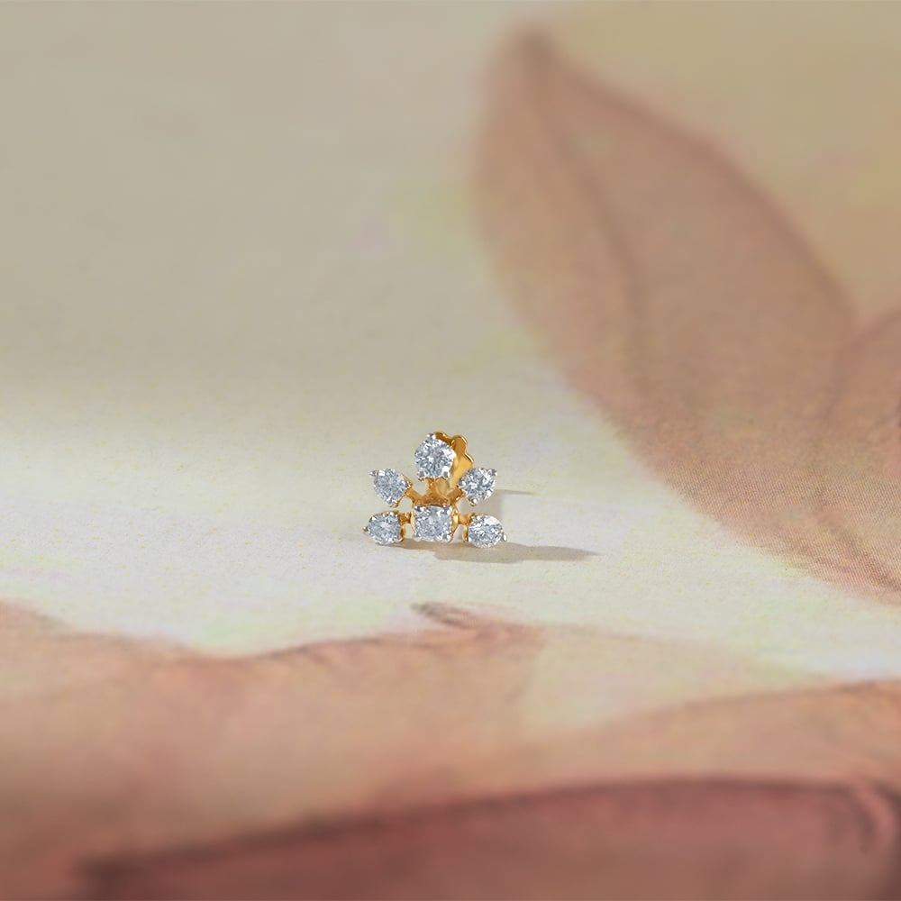 Blossoming Elegance Gold and Diamond Nose Pin,,hi-res image number null