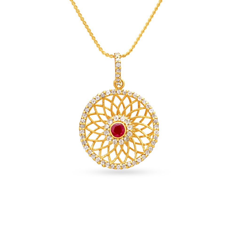 

Ruby Gold Pendant with Floral and Wheel Motif