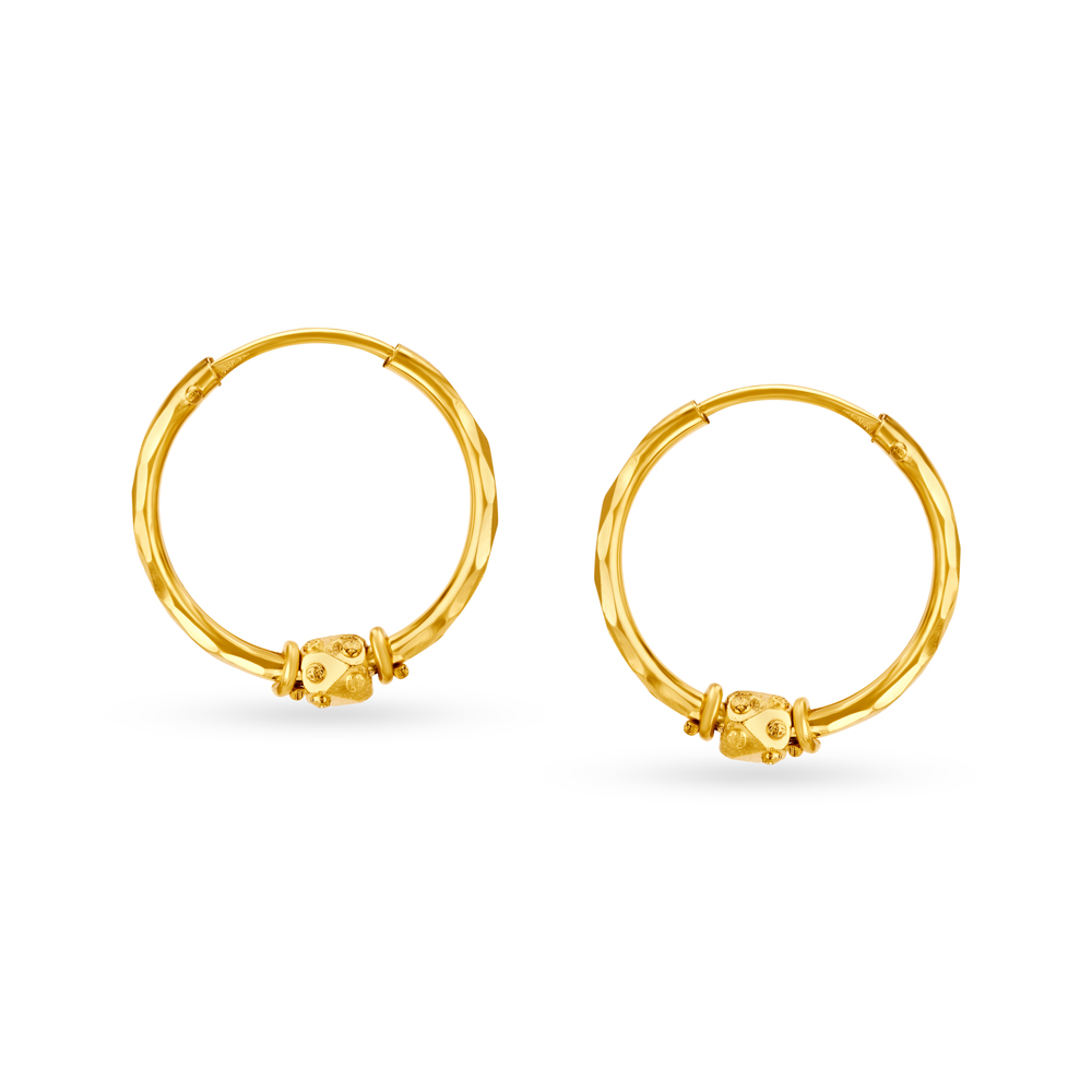Minimalist 22 Karat Yellow Gold Beaded Round Hoop Earrings