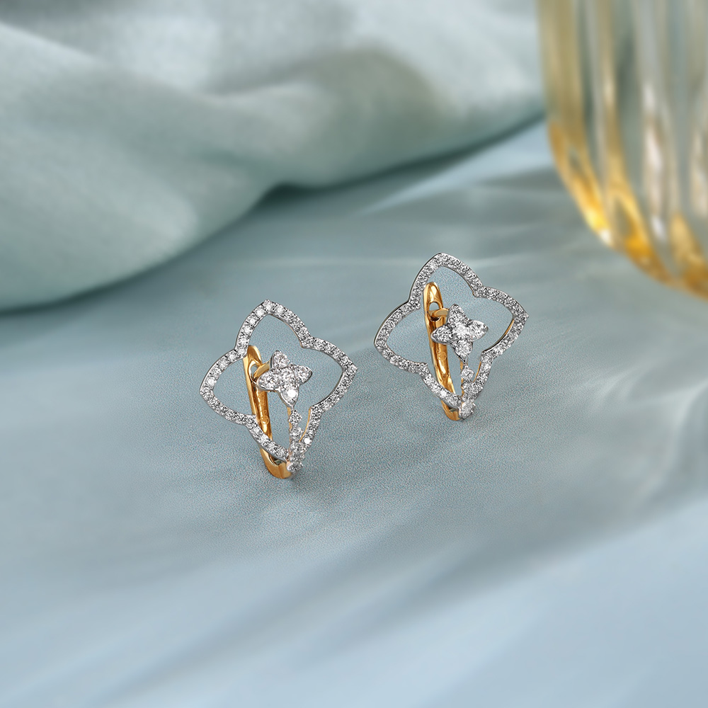Chic Floral Gold & Diamond Hoop Earrings,,hi-res image number null