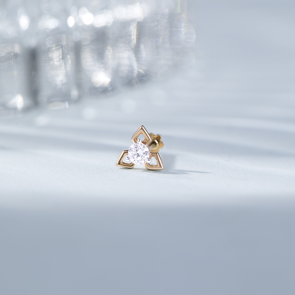 Triple Petal Gold and Diamond Nose Pin,,hi-res image number null